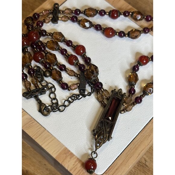 Vintage Multi-Strand Necklace With Red & Amber Beads Bronze Pendant & Chain Intr - Picture 4 of 10